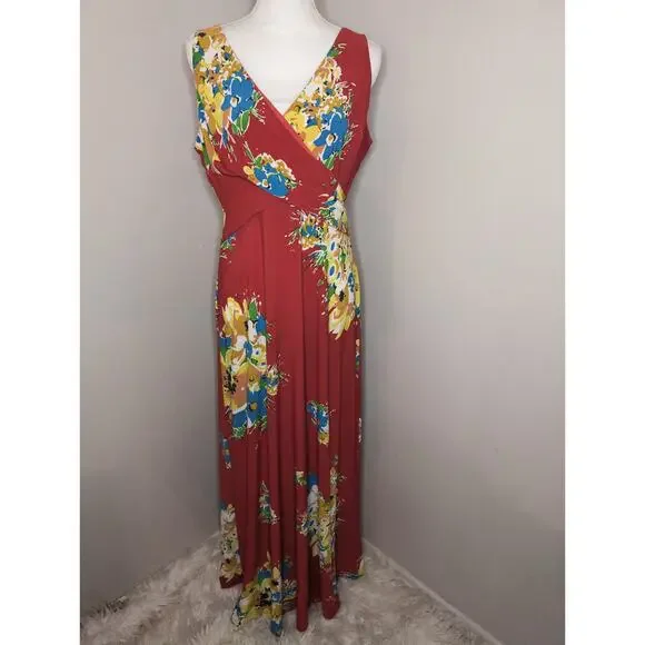 Lauren by Ralph Lauren Georgette floral jersey v neck maxi wrap dress 12 - Picture 1 of 9